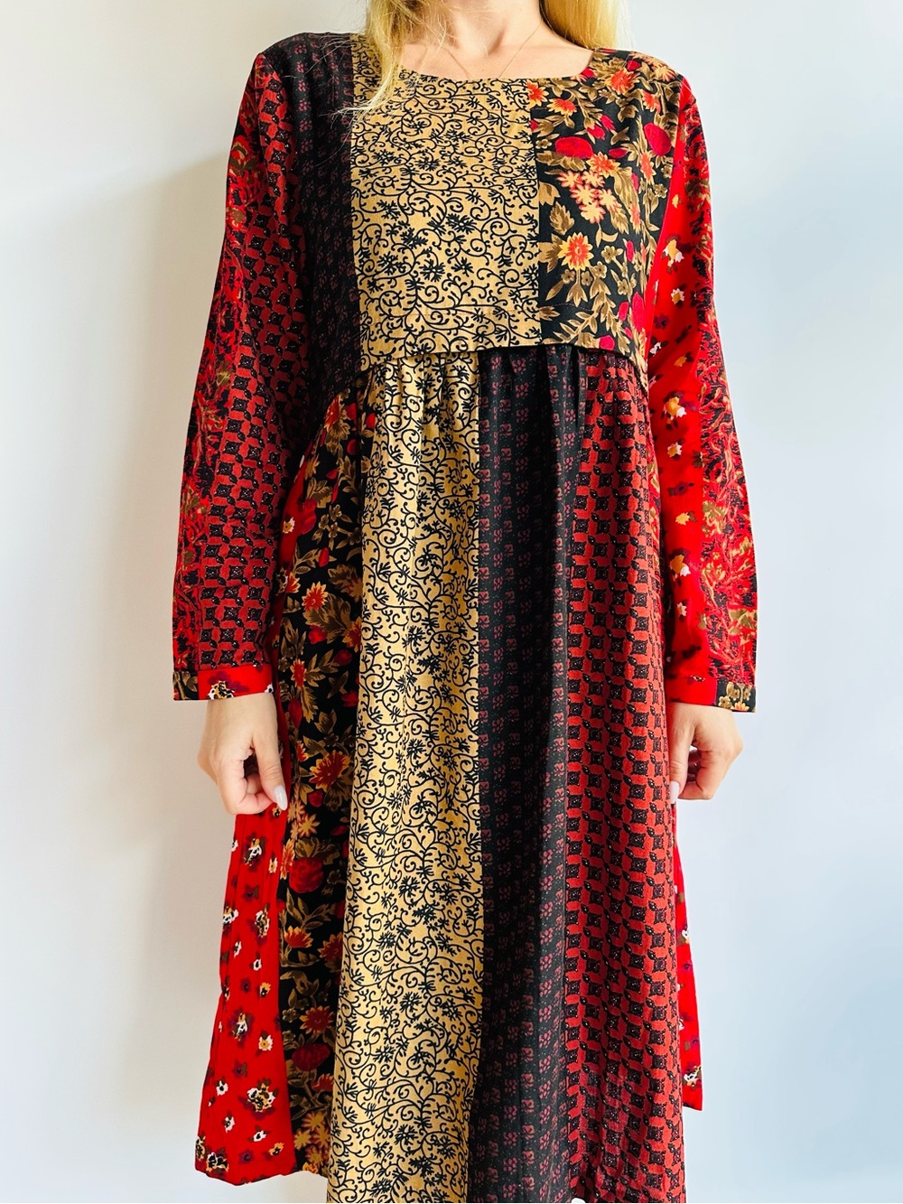 New Los Banditos Patchwork Boho Cotton Midi Dress Red Floral Long Sleeve - Picture 3 of 11